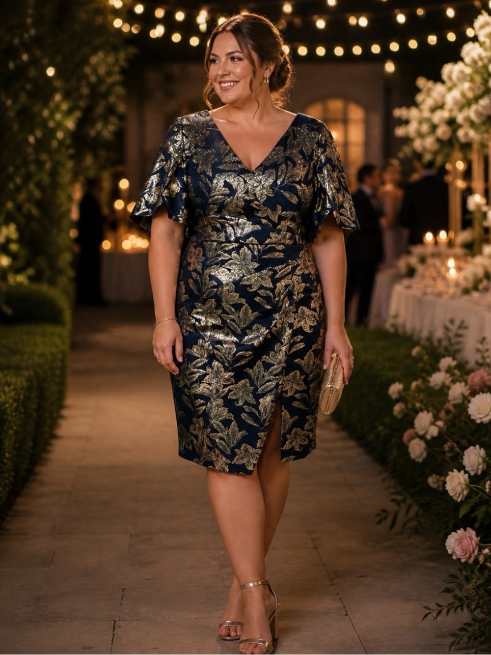 Adrianna Papell Metallic Gold Leaf V-Neck Cocktail Dress